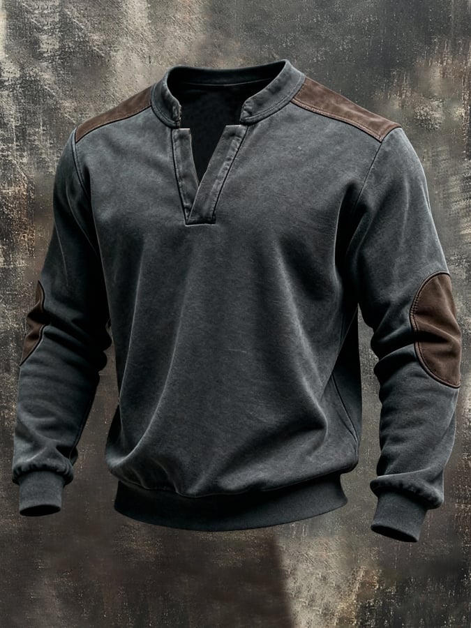Sudadera vintage Pure de algodón Washed And desgastado Patchpara trabajo Color-Block de manga larga para hombre
