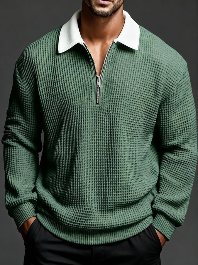 para hombre vintage Waffle-tejido casual para exterior de manga largad camisa polo
