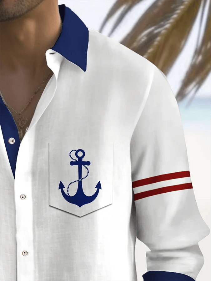 para hombre vintage Anchor Print Vacation camisa (With Pockets)
