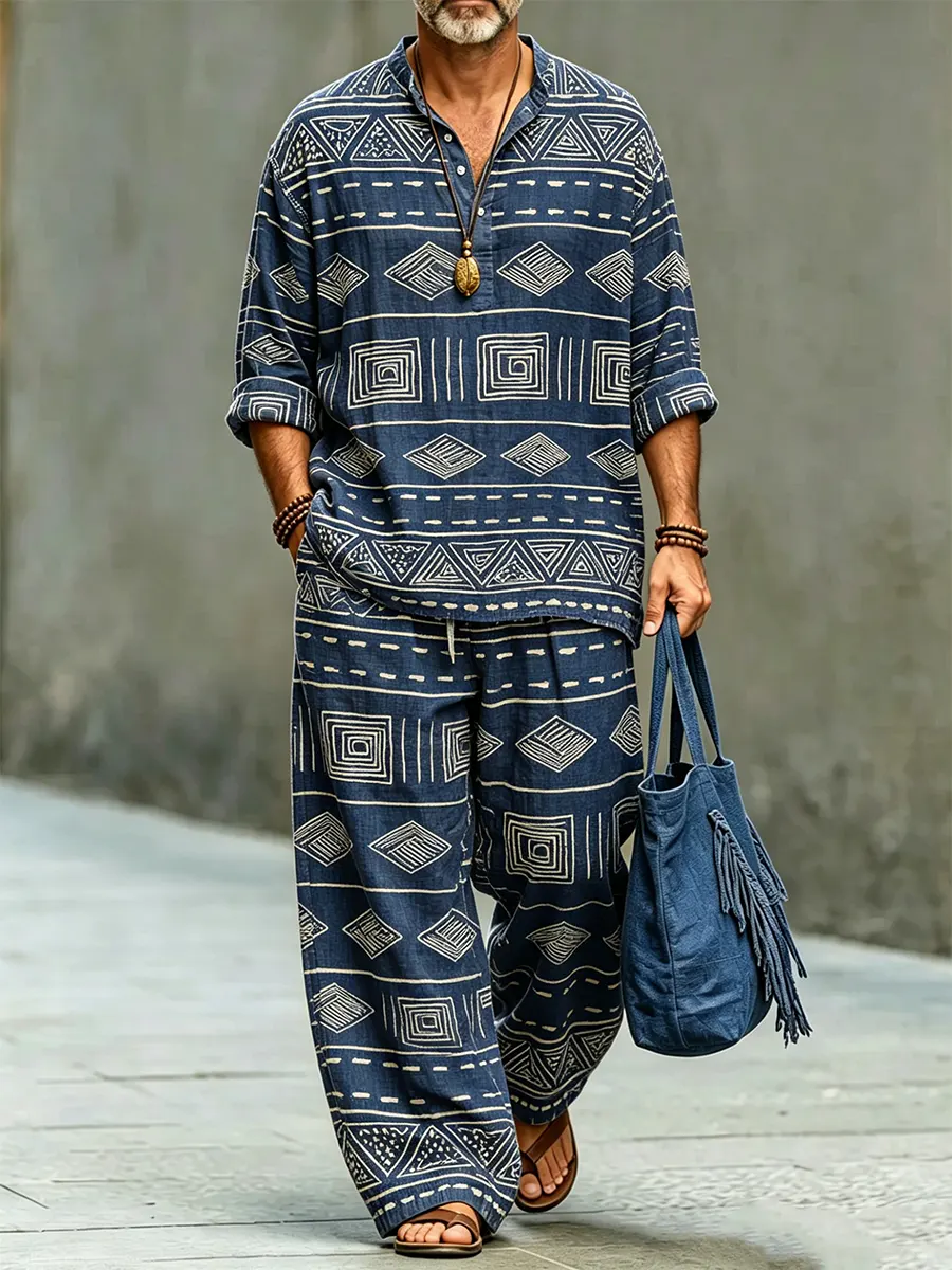 para hombre retro Pattern Print casual de lino conjunto de dos piezas (top & pantalón)