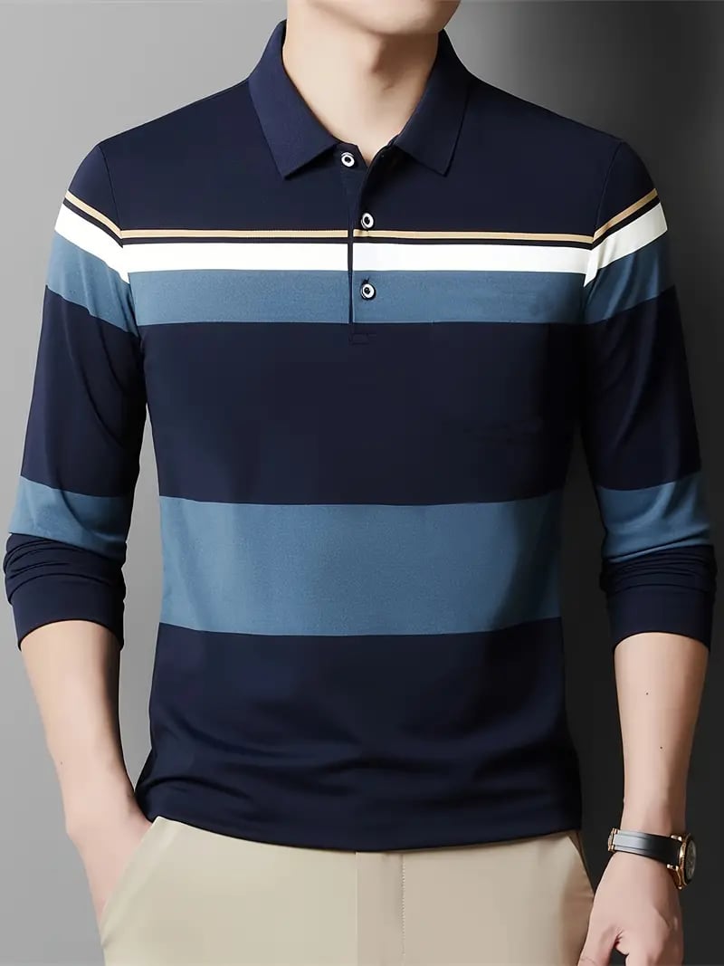 Camisa polo ejecutivo casual a rayas de manga larga para hombre