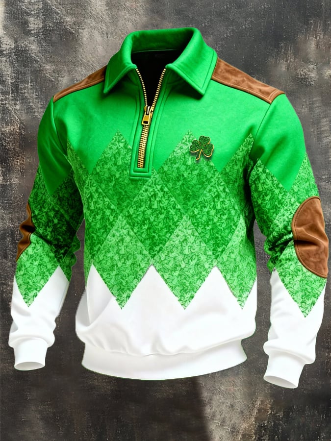 Sudadera (Detachable Shamrock Brooch Included) St. Patrick's Day estampado Color-Block con cierre con gorrasucha para hombre