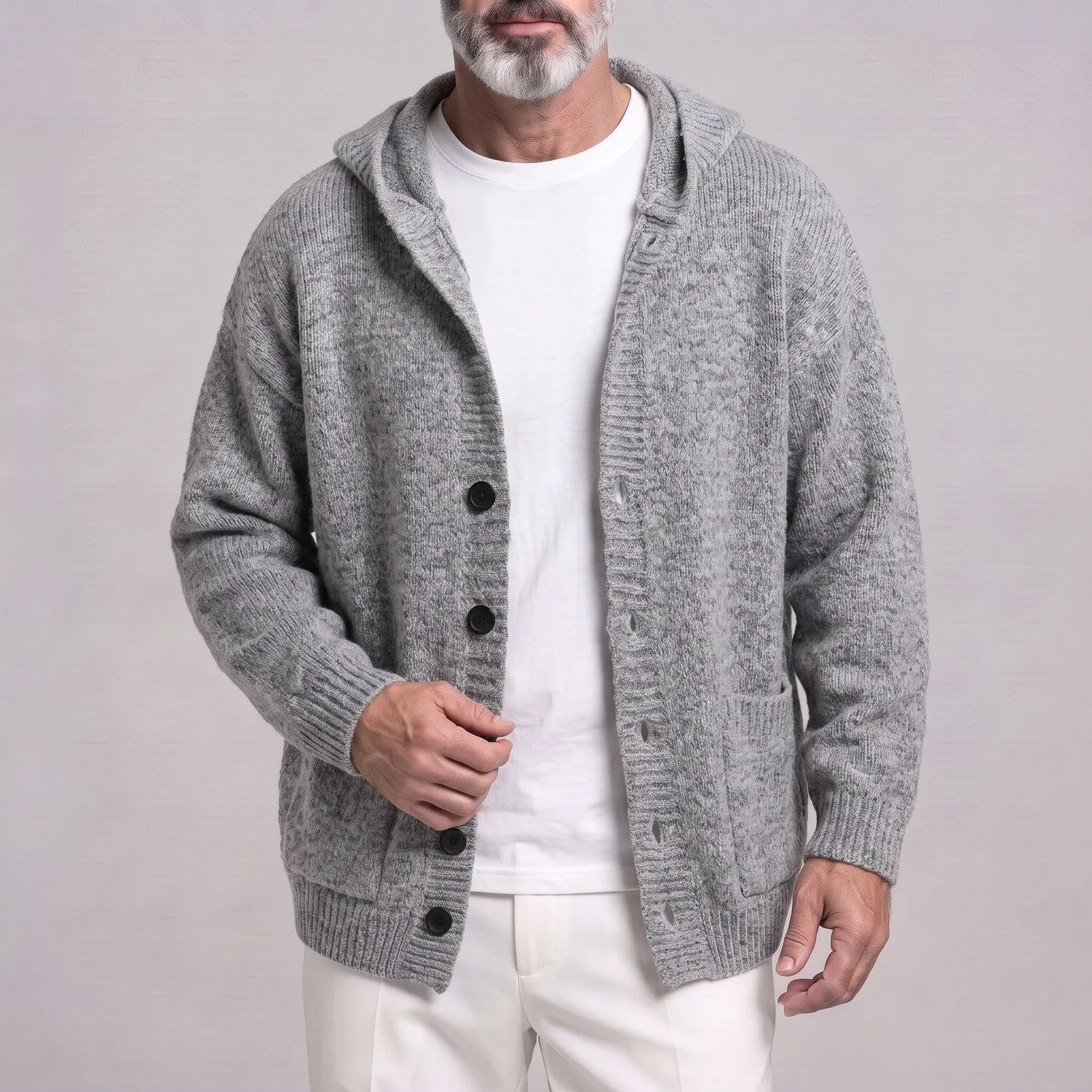 para hombre casual de color sólido Single Breasted Pockets Drop Shoulder holgado tejido Hooded Cardigan