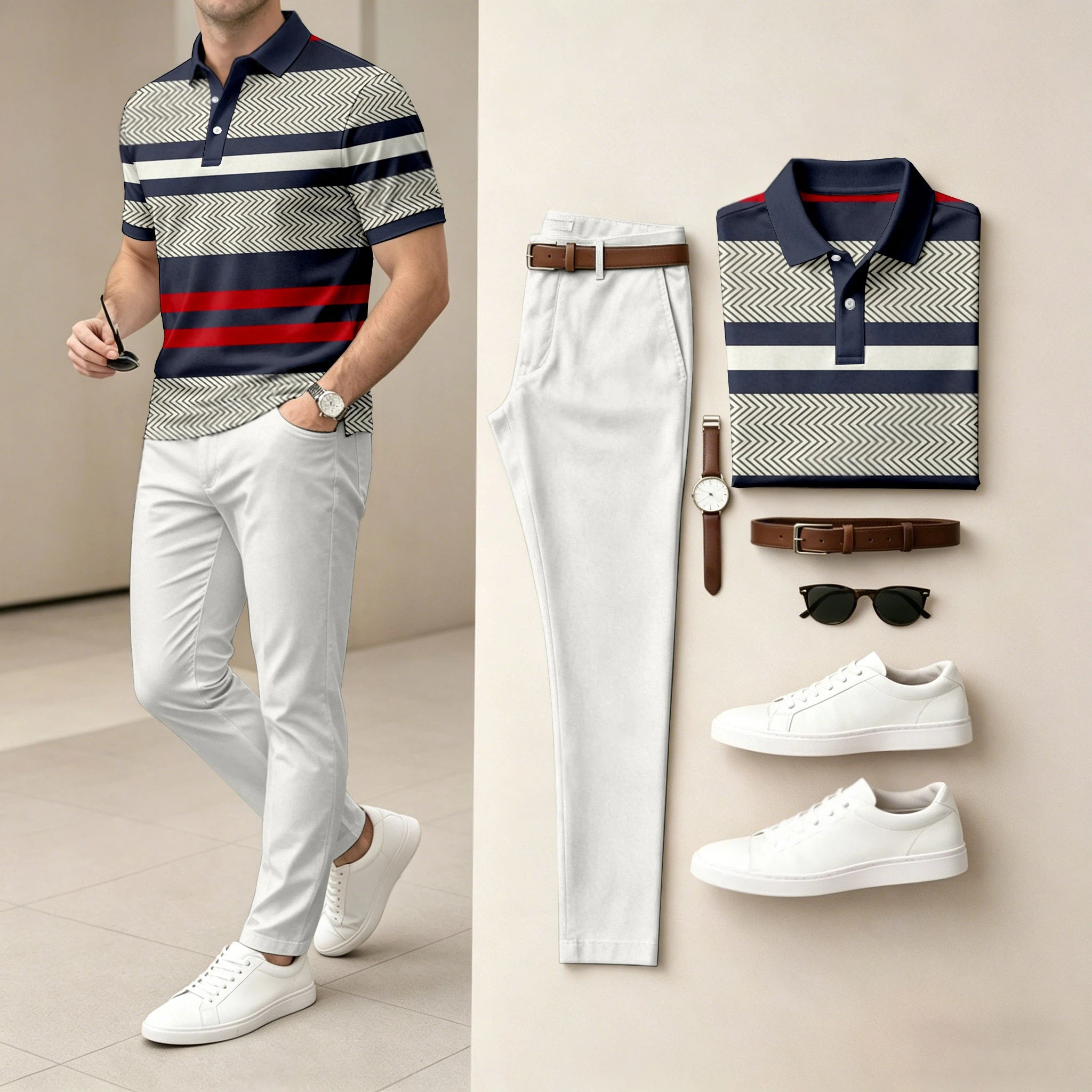 Conjunto de dos piezas casual a rayas Contrasting estampado camisa polo And pantalón para hombre