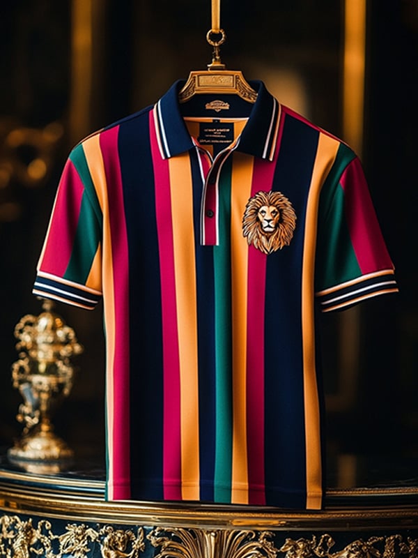 Camisa polo ejecutivo rayas Logo con botones de manga corta para hombre