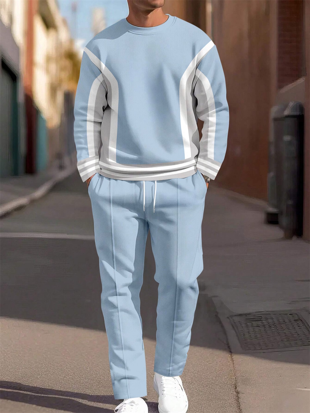 Blue en bloques de color Round Neck casual Sports Set 039 para hombre