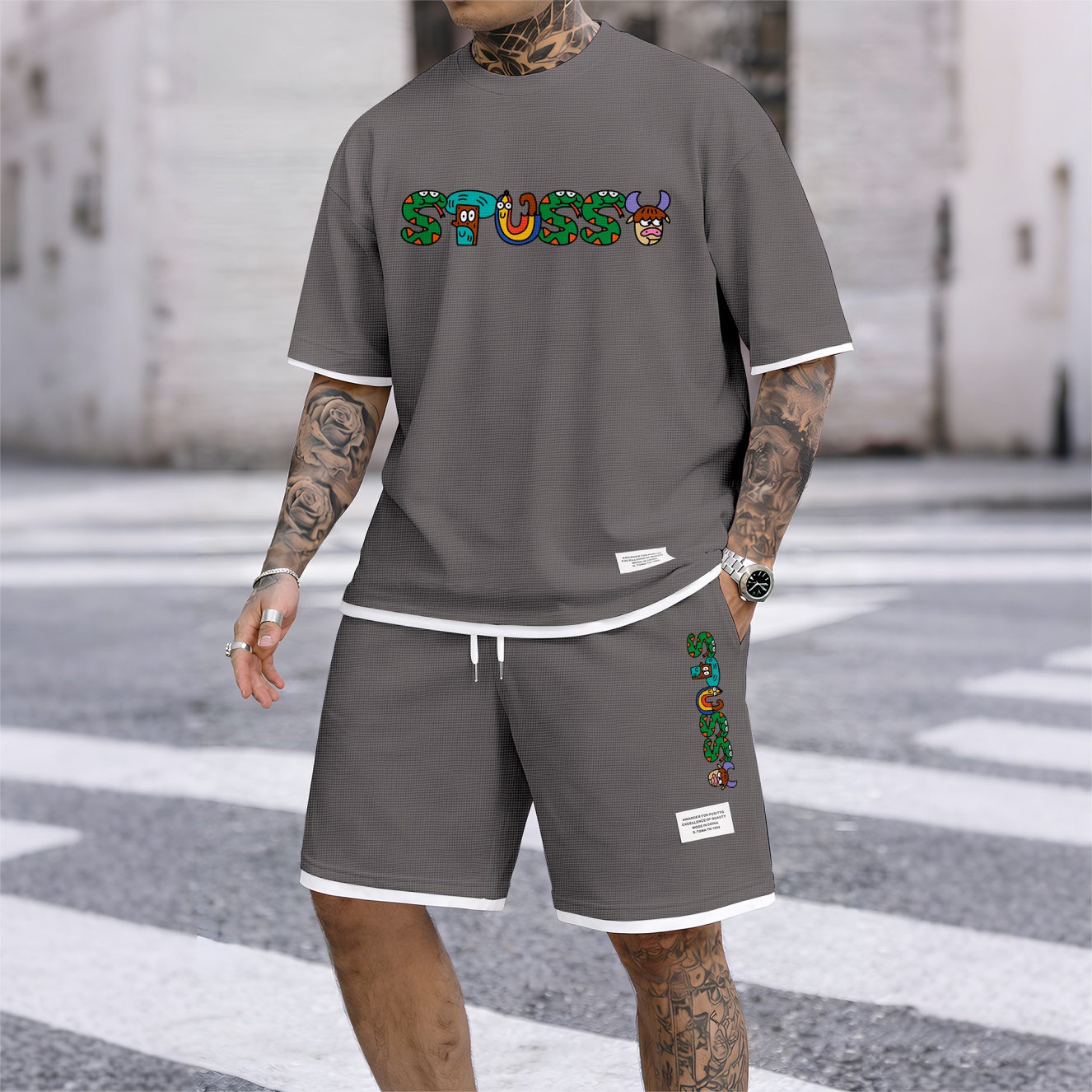 Camisa Y2K Cartoon estampado Waffle Fabric de manga corta And shorts Set para hombre