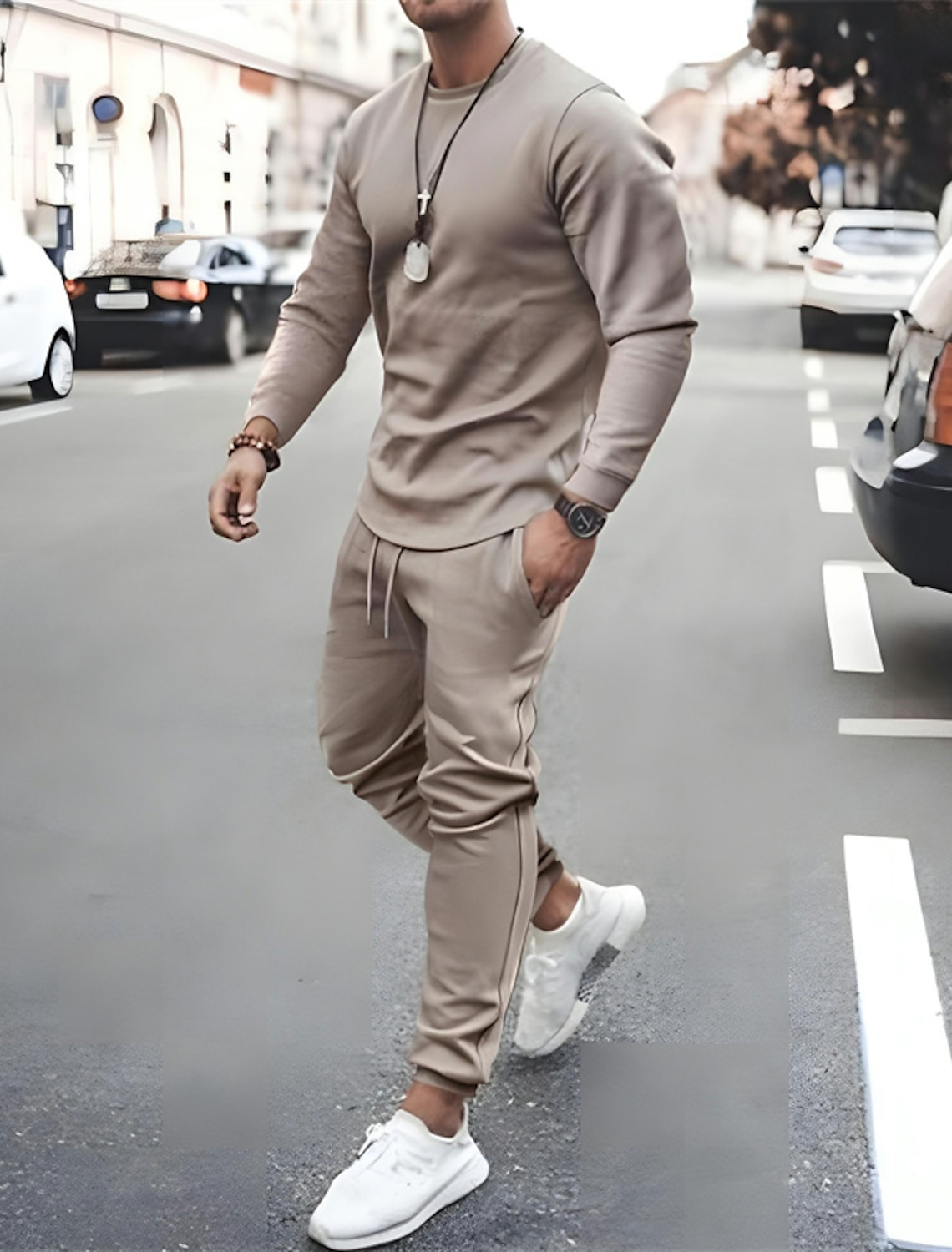 Casual de color sólido de manga larga sports set 7 colors para hombre