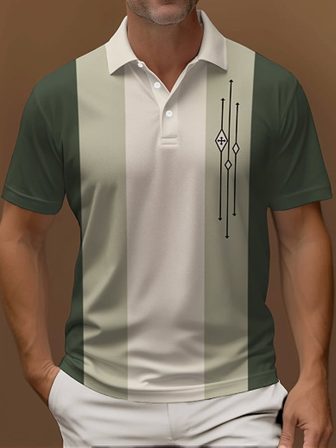 Camisa polo vintage a rayas Button de manga corta para hombre