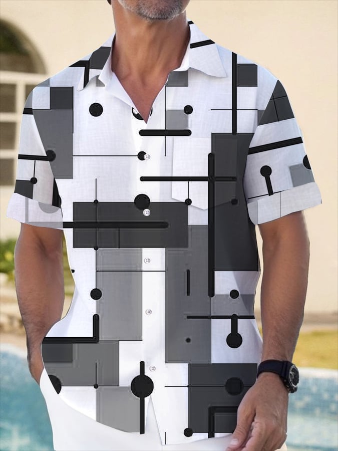 Camisa Geometric estampado de moda Lapel de manga corta