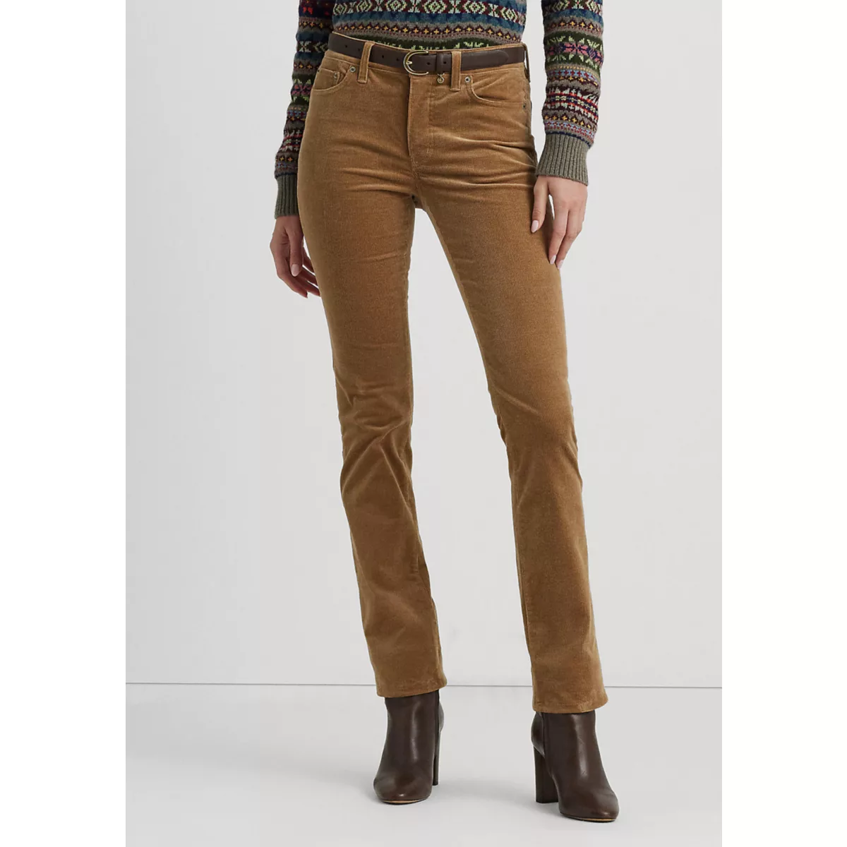 Stretch Corduroy Mid Rise Straight Pants - 1