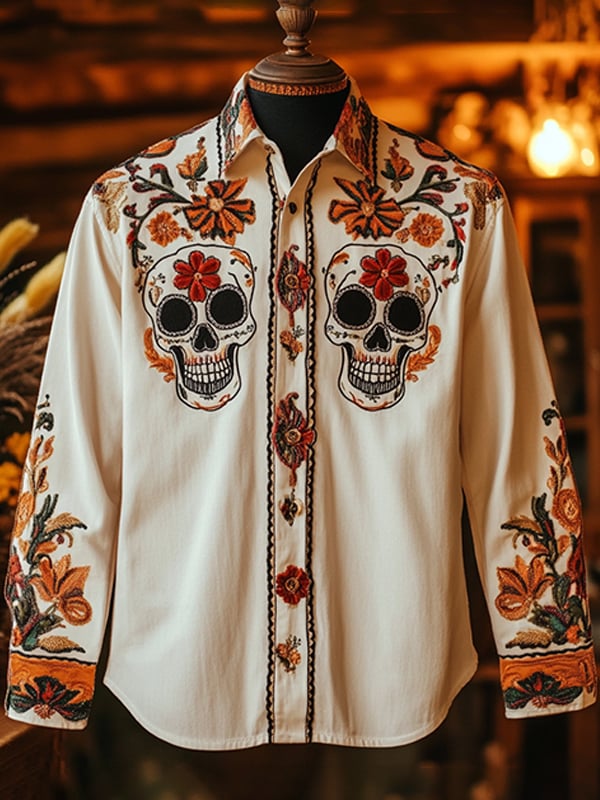Camisa para exterior vintage Skull and floral estampado de manga larga para hombre