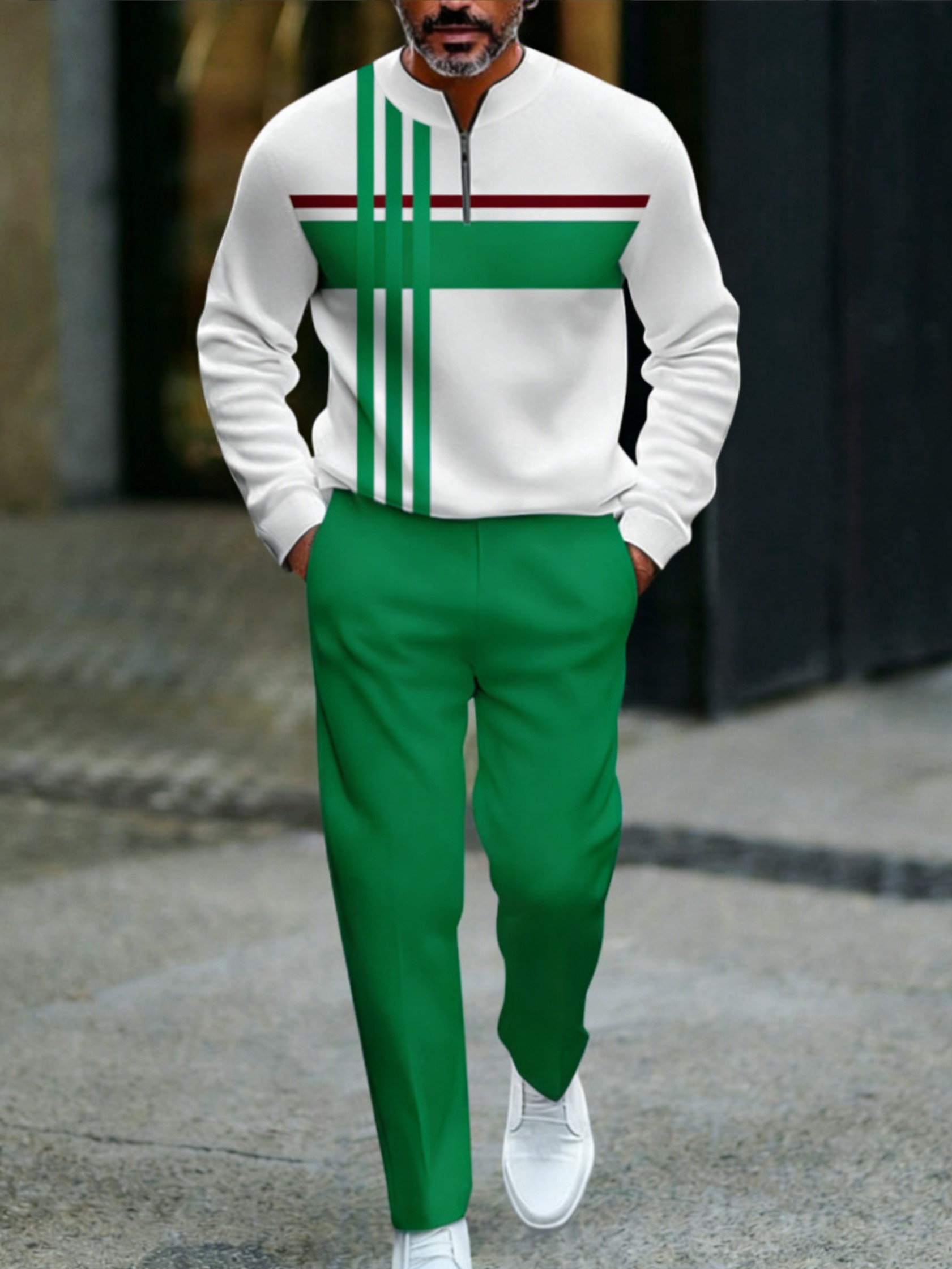 Conjunto de dos piezas casual White & Green Color Matching a rayas estampado Round-Neck Zipper de manga larga sudadera & Trousers para hombre