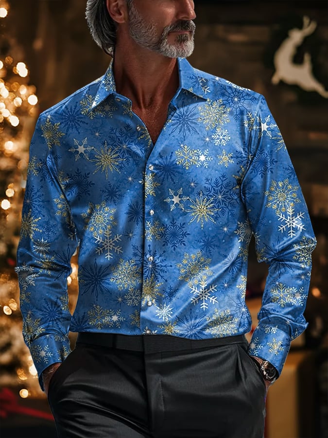 Camisa de lujo Christmas Contrast Color estampado de manga larga para hombre
