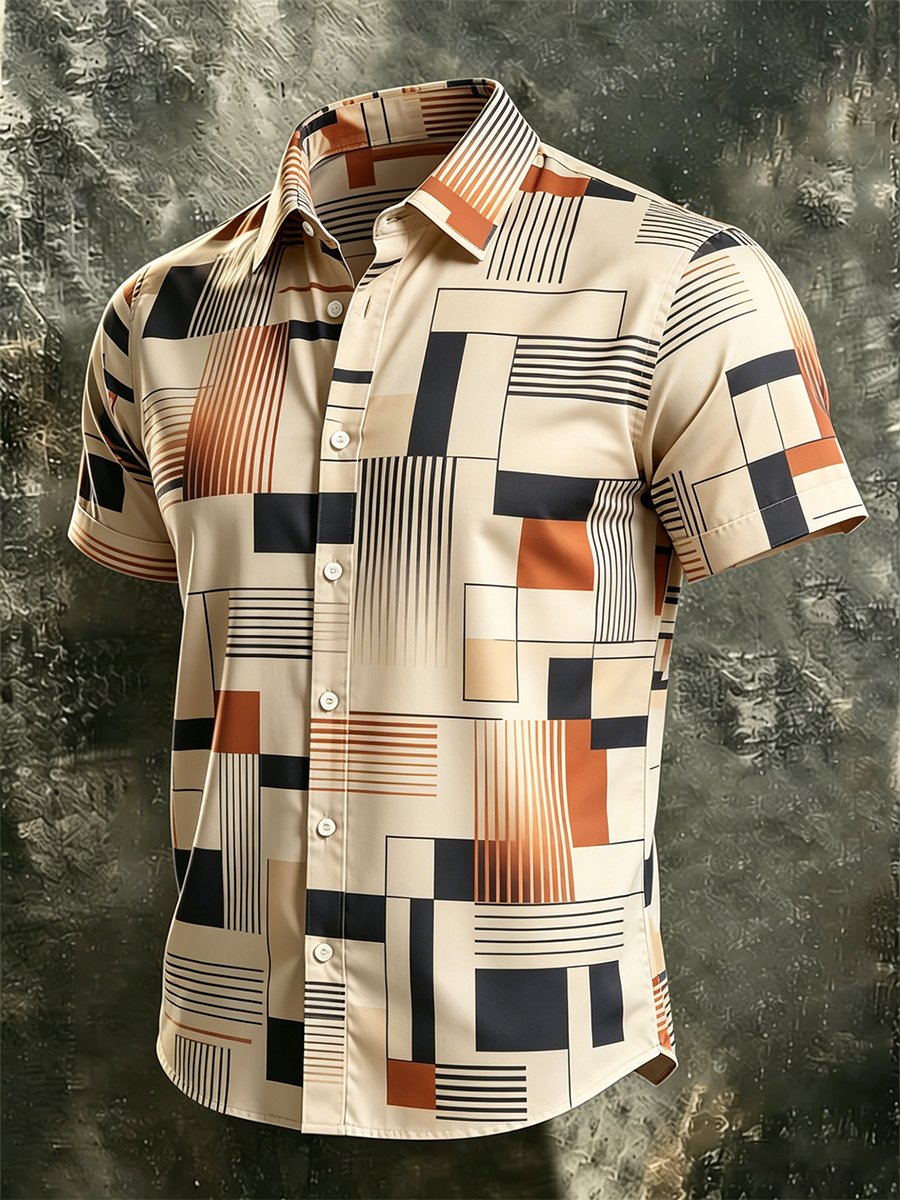 Camisa retro Bauhaus Geometric de manga corta para hombre