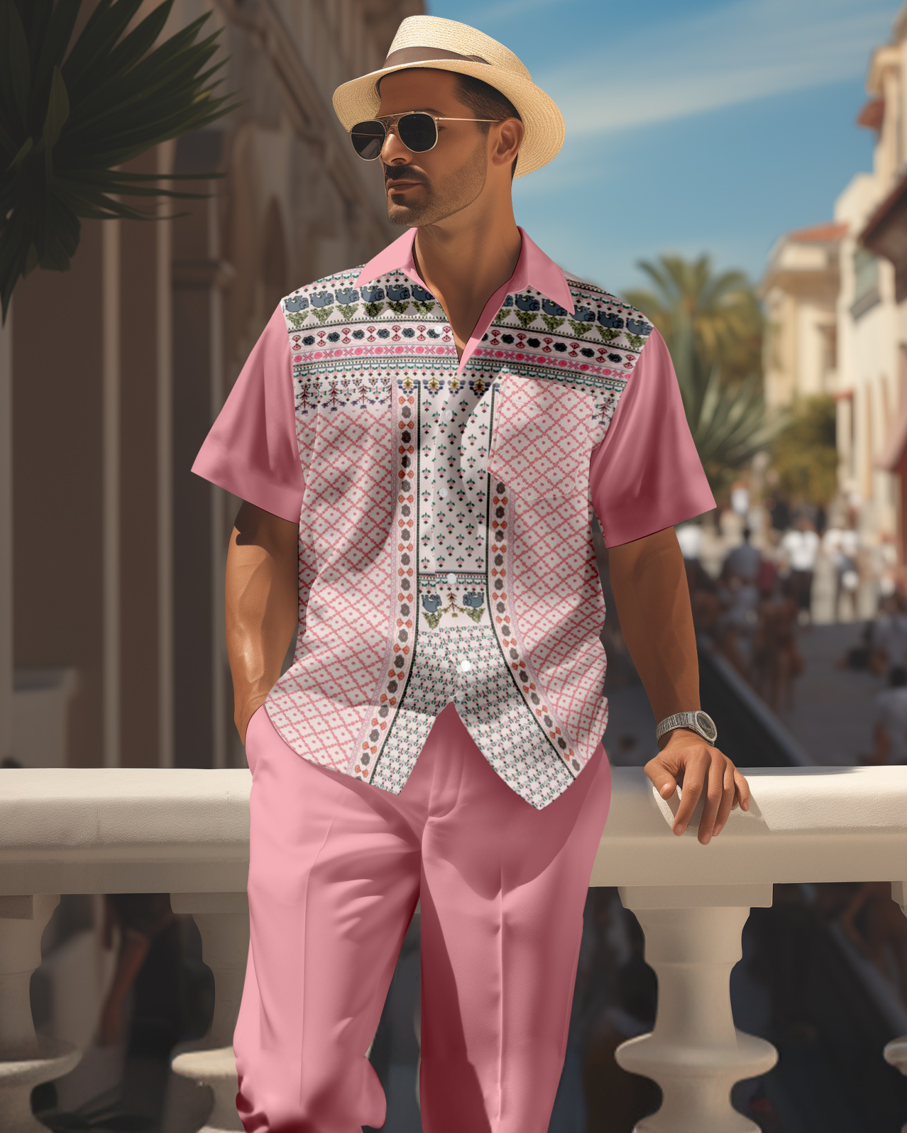 Camisa retro colorblock de manga corta walking Suit 1661 para hombre