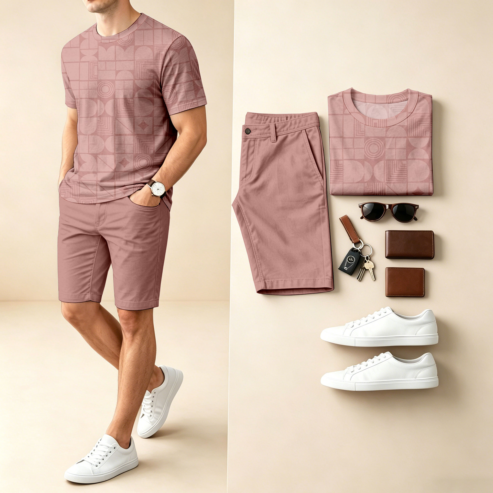 Conjunto de dos piezas casual Asymmetrical Geometric estampado Round-Neck de manga corta camiseta And shorts para hombre