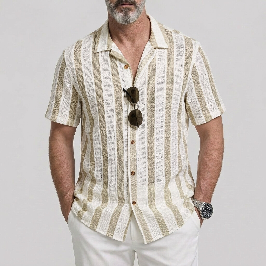Camisa Contrast rayas Turndown Collar Button Up ejecutivo casual de manga corta para hombre