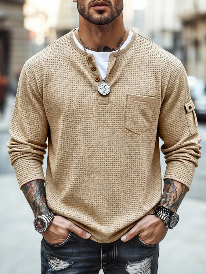 Camiseta vintage tejido tipo waffle Faux Two-Piece de manga larga with bolsillos para hombre