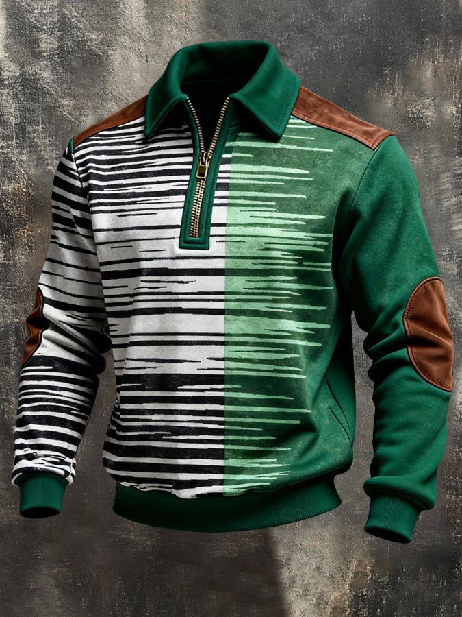 Sudadera retro en bloques de color estampado Color-Blocked con cierre para hombre