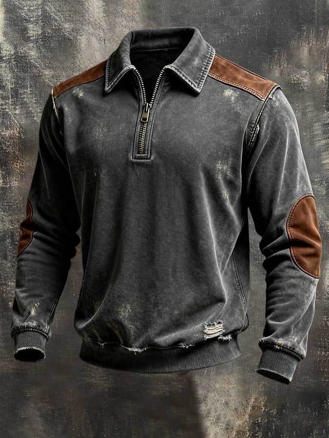 Sudadera vintage Pure de algodón Washed And desgastado Patchpara trabajo Color-Block de manga larga para hombre