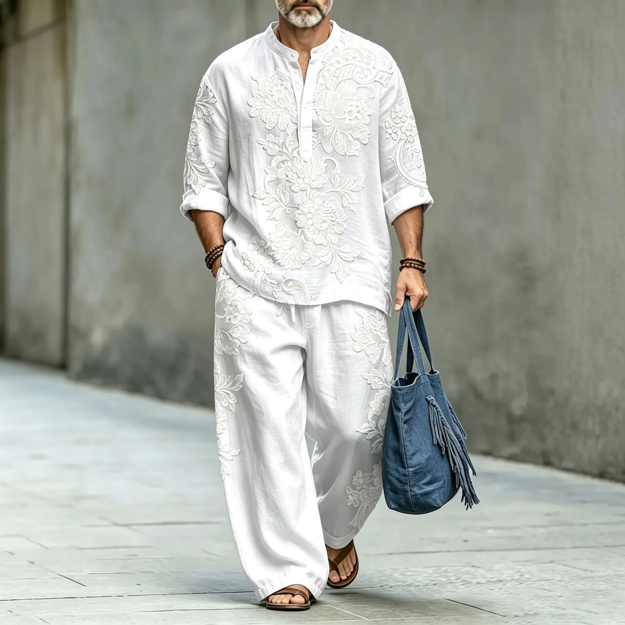 para hombre floral Stand-Collar camisa polo and Long pantalón Two-Piece Suit Set