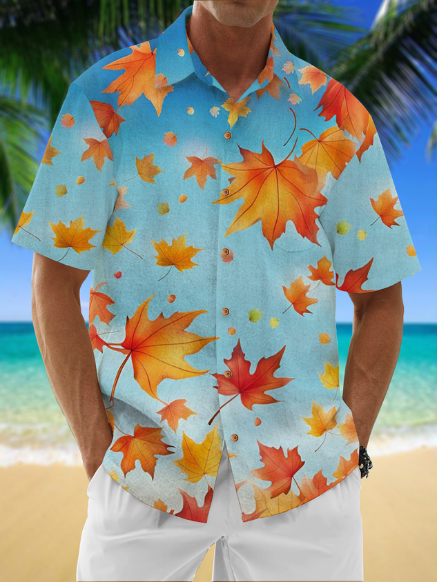 Camisa Moisture Wicking Thanksgiving Maple Leaf Chest Pocket Hawaiian