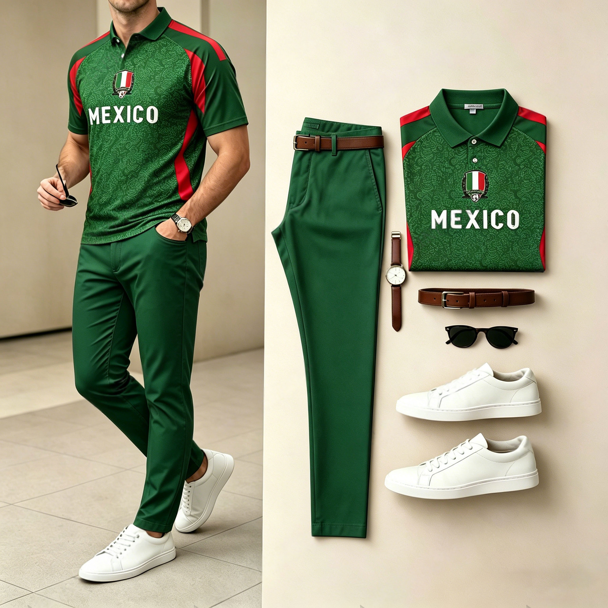 Conjunto de dos piezas casual Dark Green Letters Sporty estampado camisa polo And pantalón para hombre