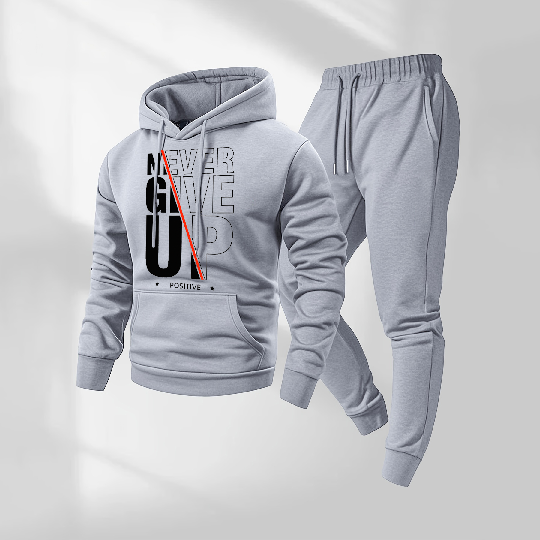Sudadera con capucha Never Give Up Letter Pattern estampado and Drawstring Sweatpantalón Set, Menswear, casual Athletic de manga larga Hooded chaqueta & Trousers for Fall & Winter, Clothing for para uso diario Wear, Sportswear Indoor para exterior, Tracksuit, Athleisure para hombre