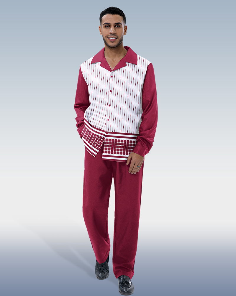 Suitmens Burgundy Abstract estampado 2-Piece de manga larga Suit 002 para hombre