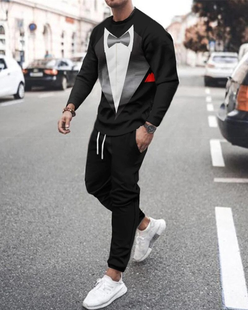 Casual Gentleman estampado Color Matching de manga larga Sports Set 006 para hombre