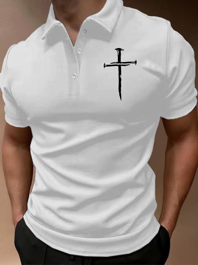 Casual Cross estampado Button cuello Polo Top para hombre