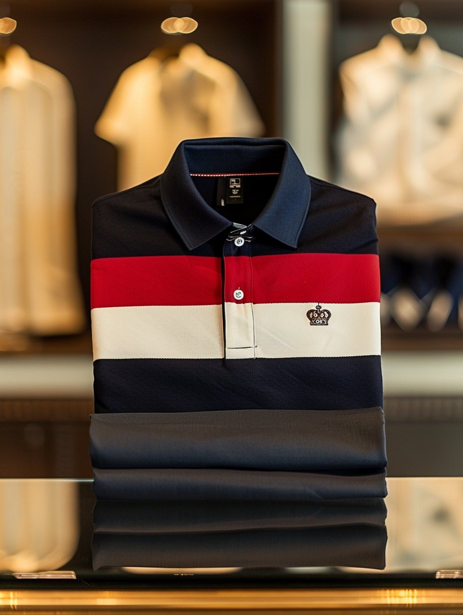 Camisa polo elegante White Red Navy Block rayas Crown Detail