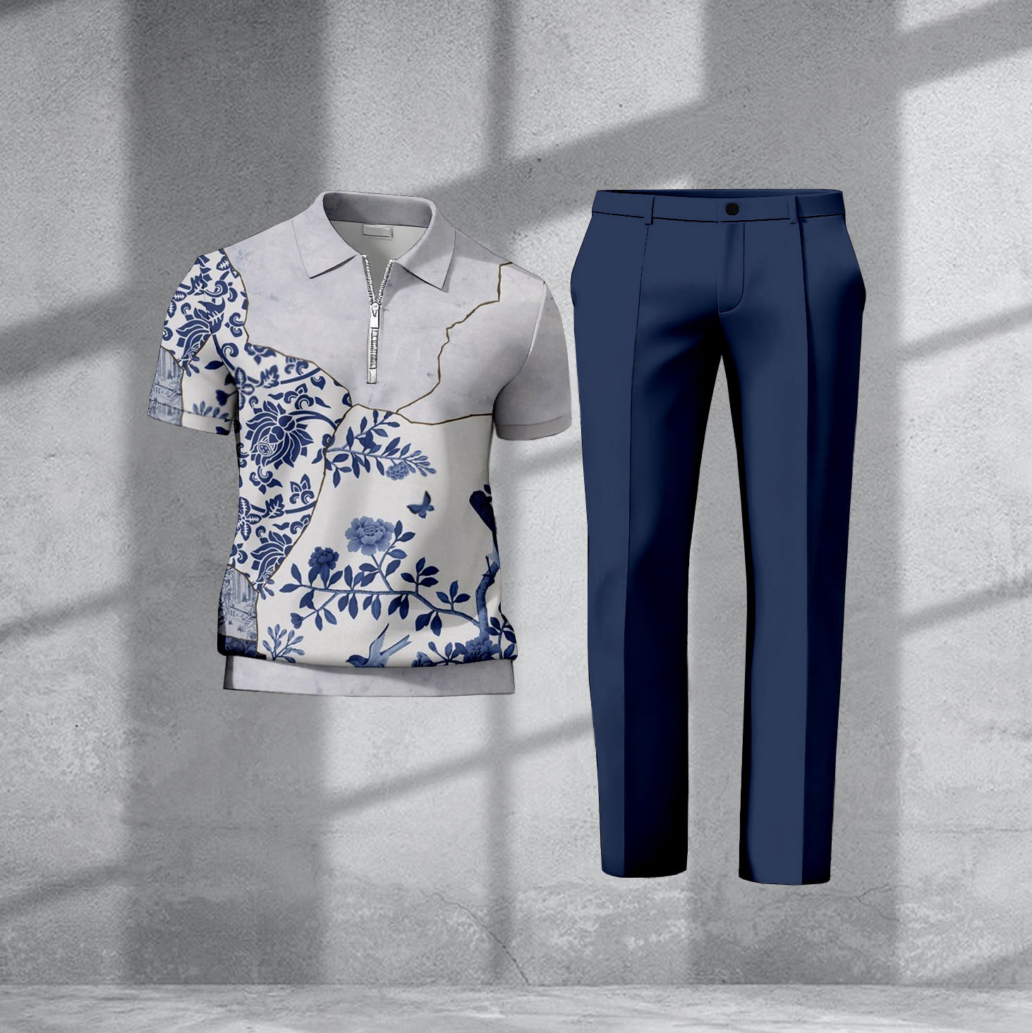 Conjunto de dos piezas casual Light Gray estampado Polo de manga corta camiseta And pantalón para hombre