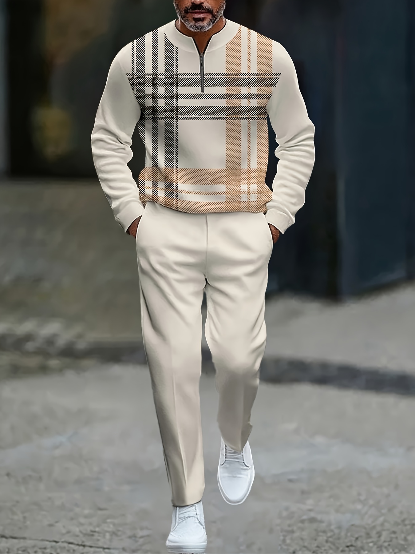 Conjunto de dos piezas casual Color Matching Checked estampado Round-Neck Zipper de manga larga Trousers Apricot para hombre