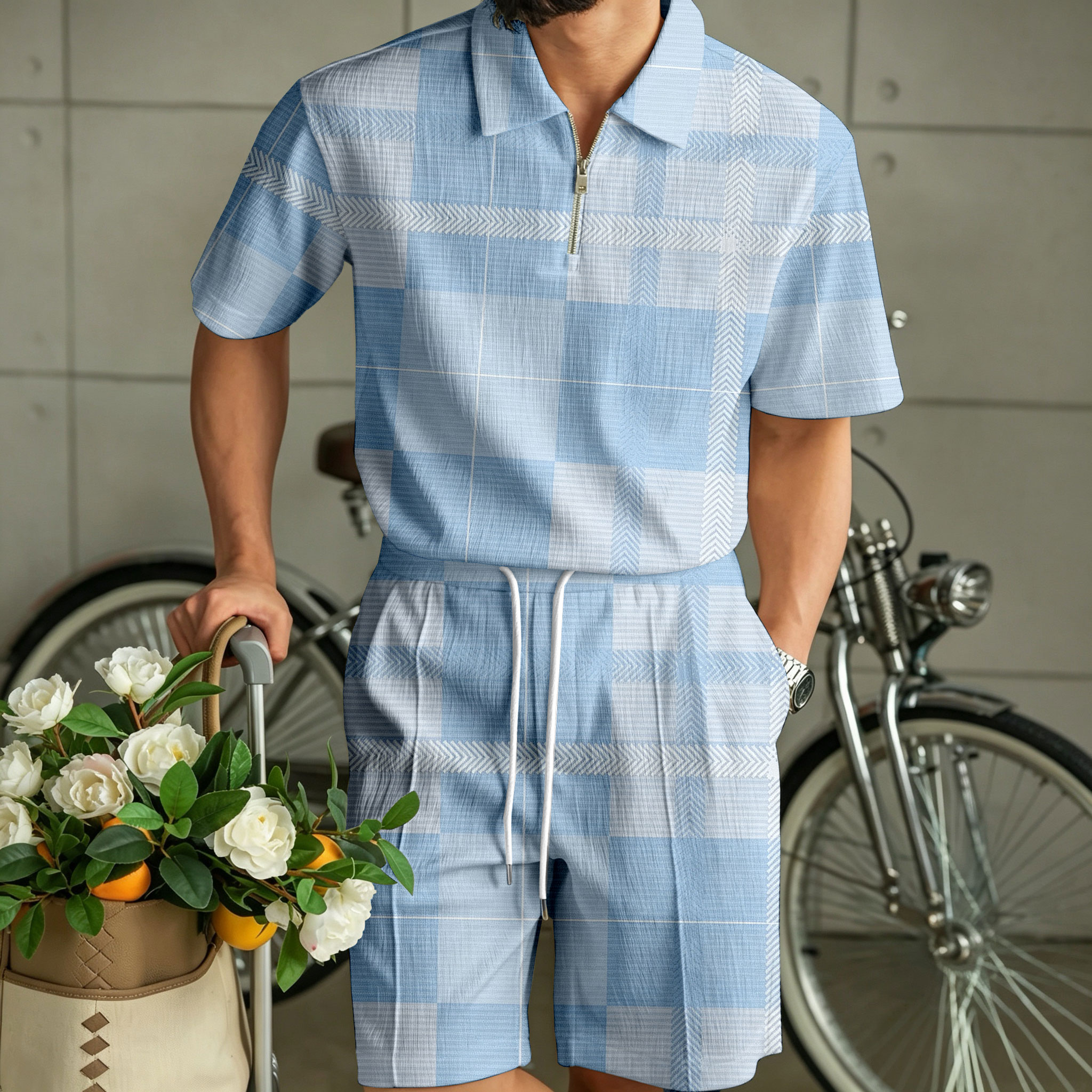 para hombre conjunto de dos piezas: Color-Blocked Zipper camisa polo and shorts