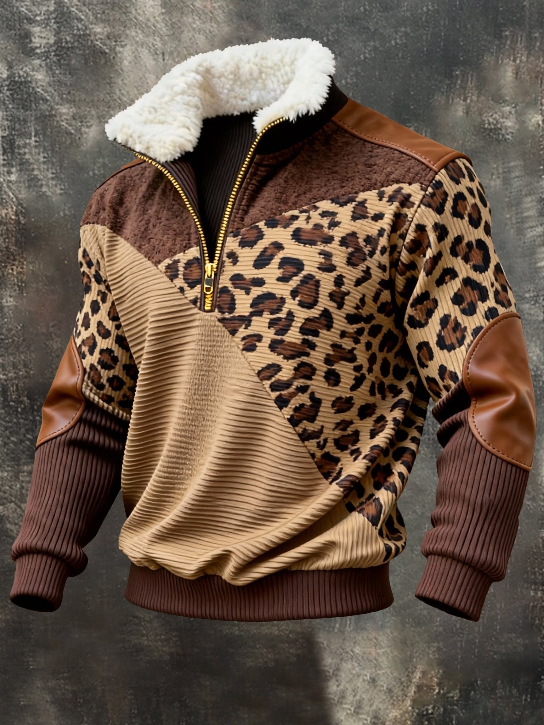 Sudadera retro en bloques de color estampado Fur cuello para hombre