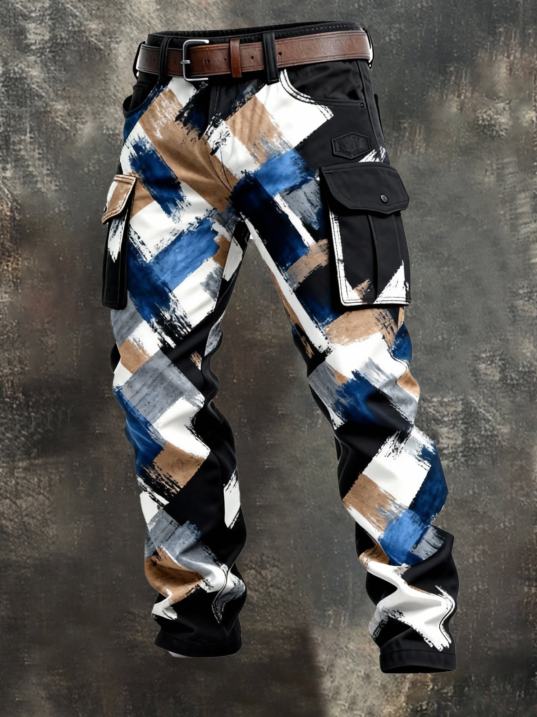 Pantalón retro en bloques de color desgastado bolsillo Cargo para hombre