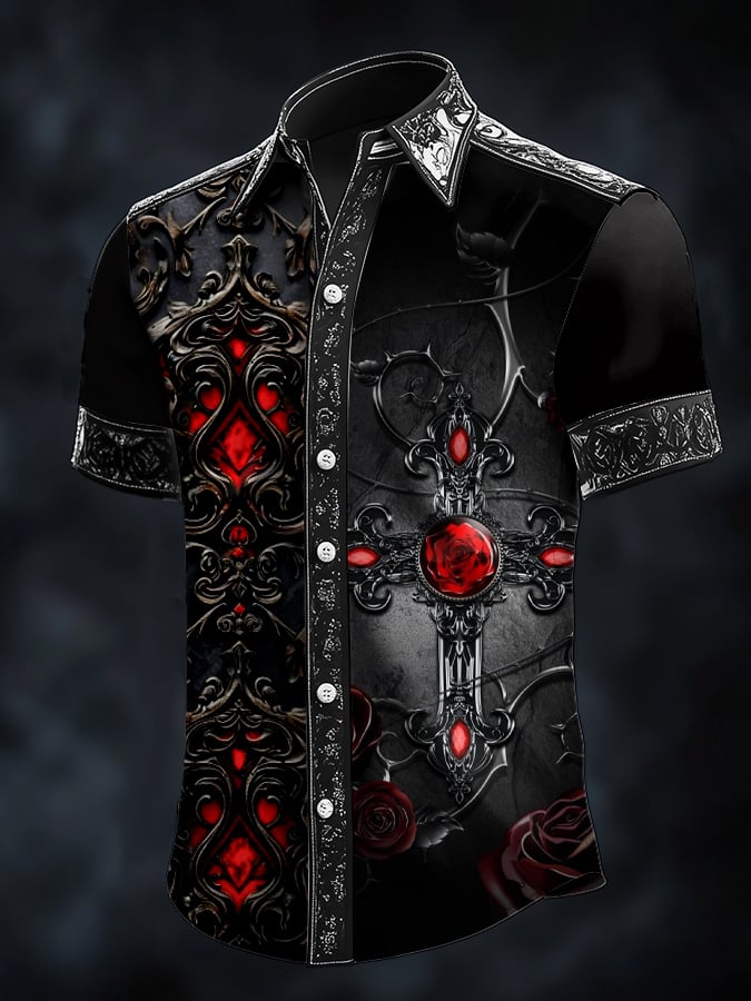 Camisa casual de moda Dark diseño Cross Crow Contrast satén para hombre