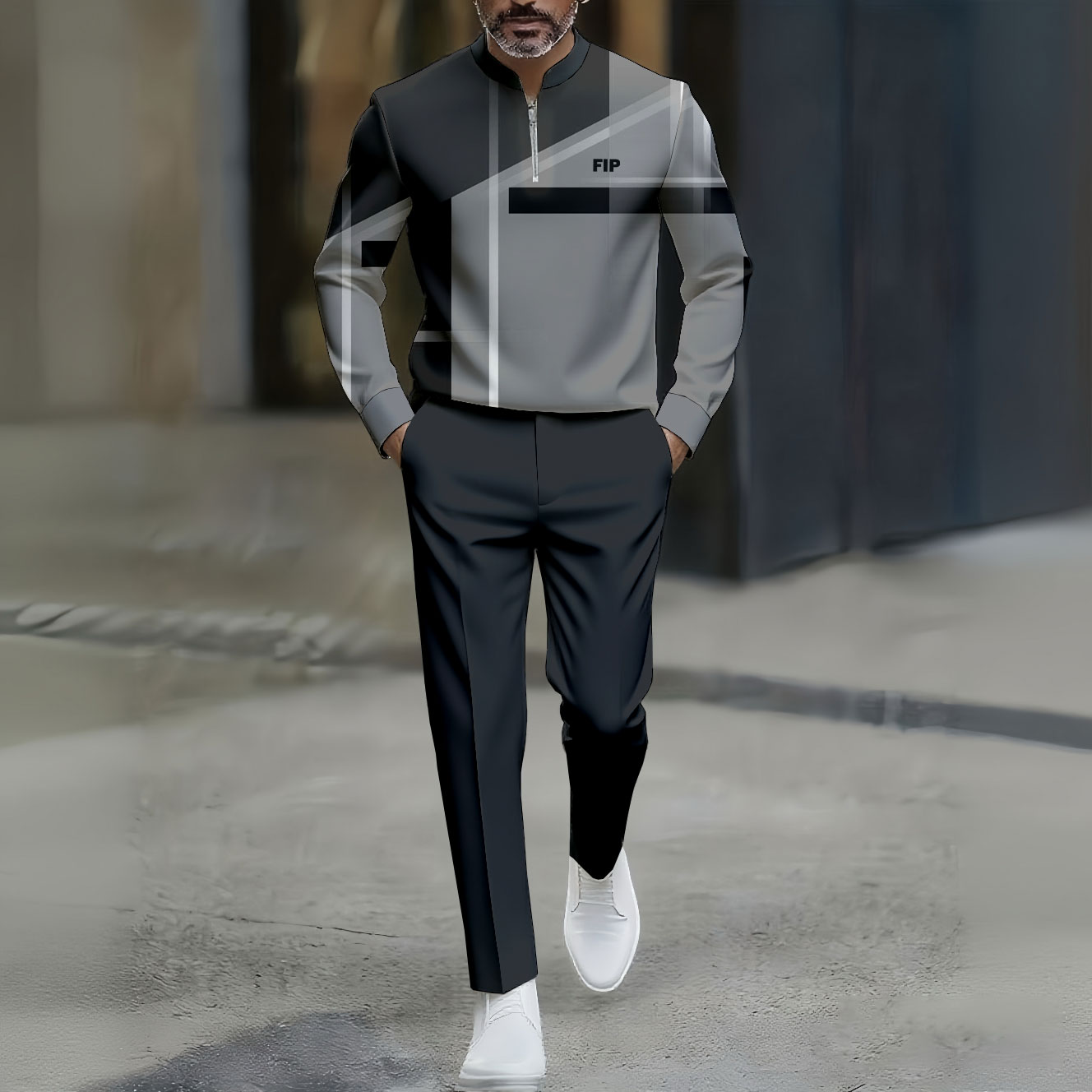 Conjunto de dos piezas casual Gray&Black Color Matching estampado Round-Neck Zipper de manga larga Trousers para hombre