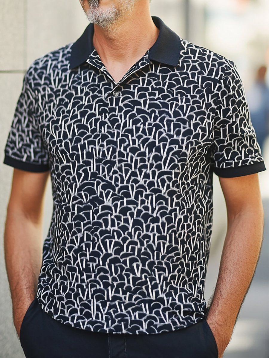 Camisa polo casual ejecutivo geométrico estampado con botones de manga corta para hombre