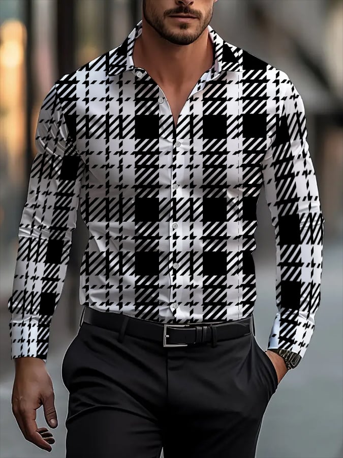 Camisa retro Houndstooth diseño de moda de manga larga solapa para hombre
