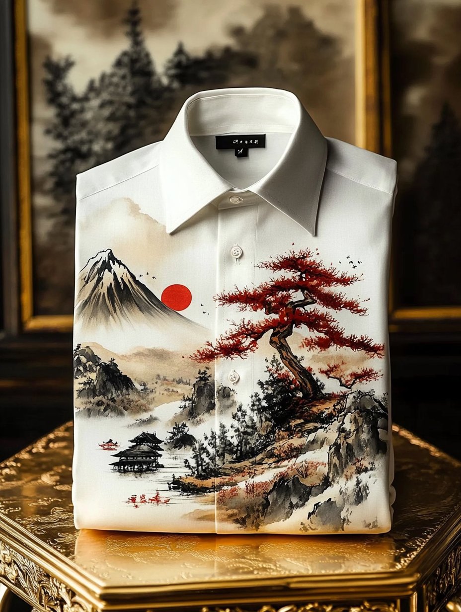 Camisa de lujo clásico Ukiyo-e de manga larga para hombre