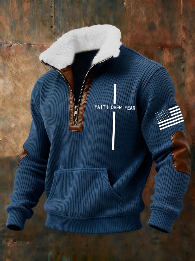 para hombre retro Faith Cross Print Zipper Fur Collar de manga larga Sweacamiseta