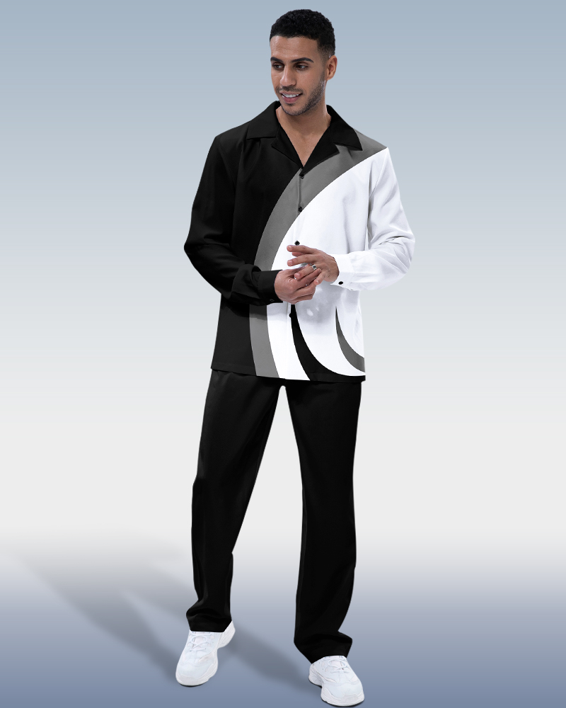 Suitmens White Black en bloques de color de manga larga Walking Suit para hombre