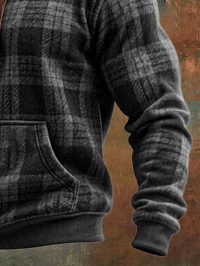 Sudadera retro desgastado a cuadros estampado casual de manga larga para hombre