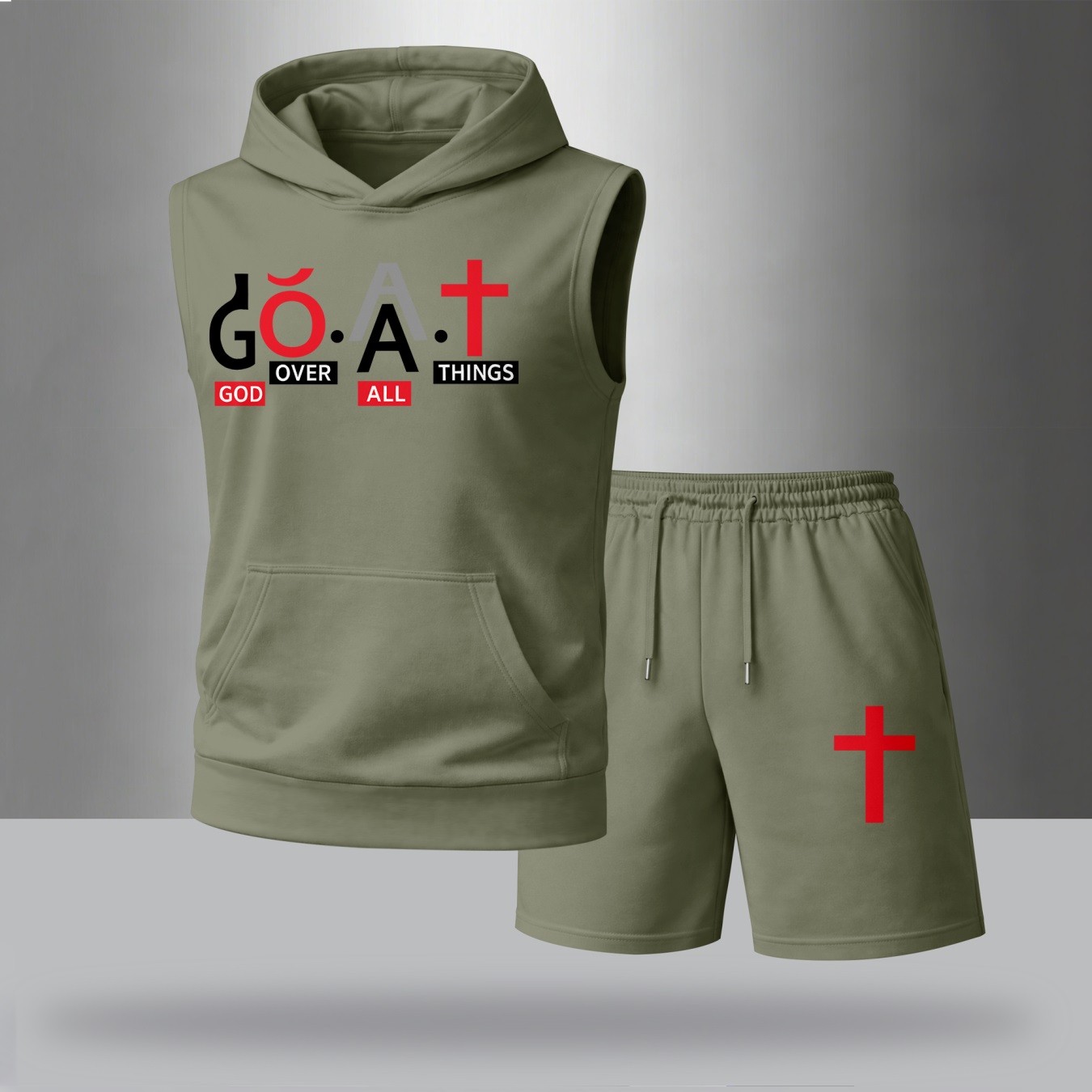Sudadera con capucha Sleeveless & shorts Set – G.O.A.T Graphic estampado, Cross & Faith Design, casual Streetwear Summer Tracksuit, Urban Style Outfit, para uso diario Wear, Gym Ready, Lightweight Comfort Fit shorts para hombre