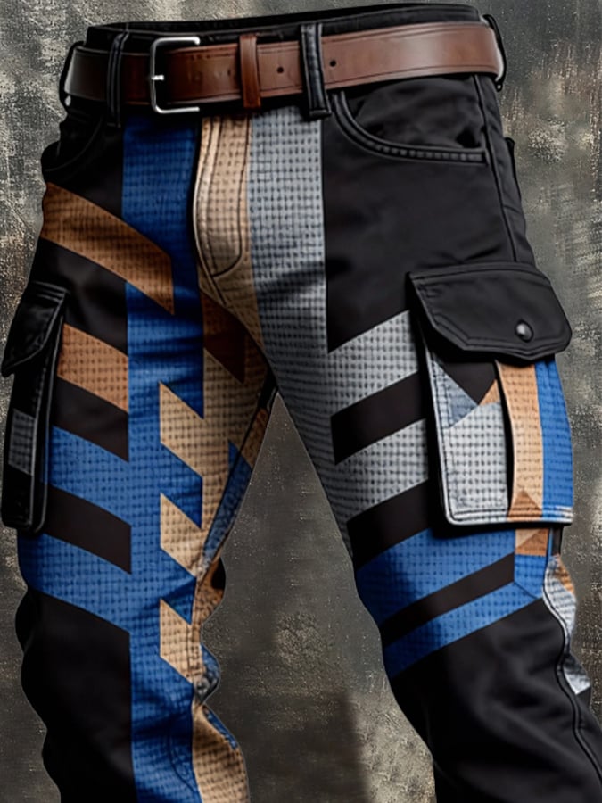 Pantalón retro en bloques de color desgastado bolsillo Cargo para hombre