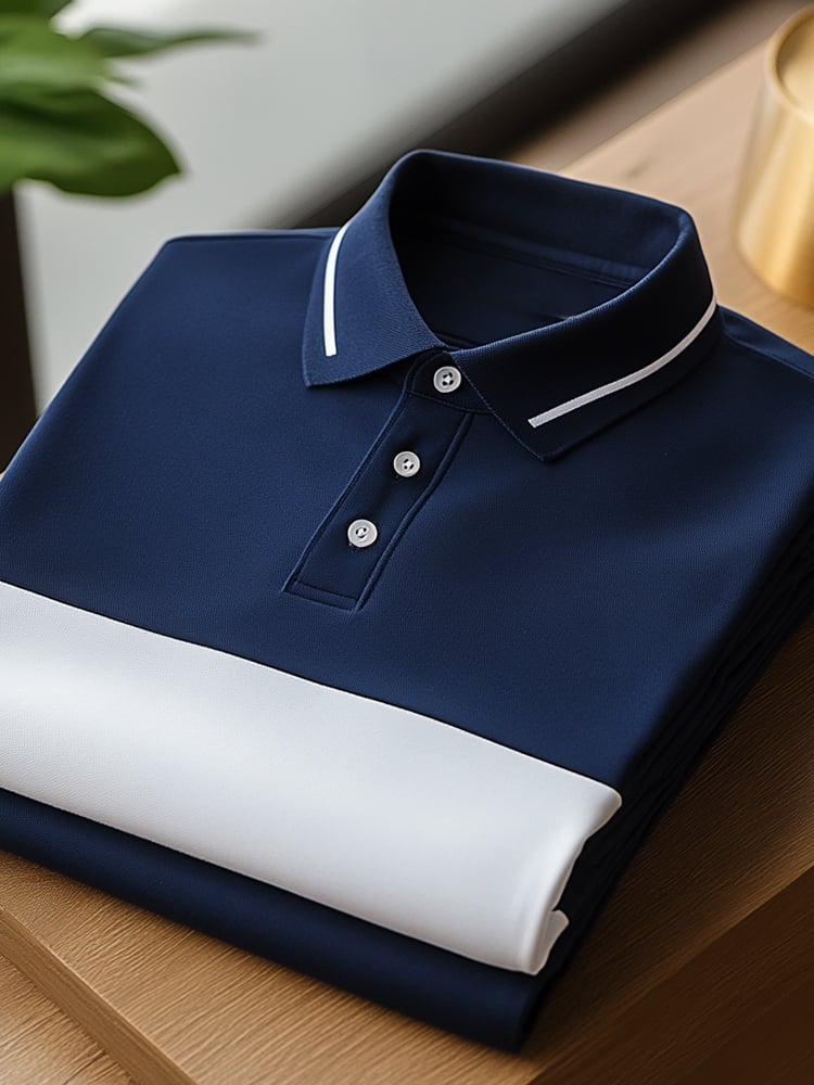 Camisa polo ejecutivo casual Blue and White Block Button de manga corta para hombre