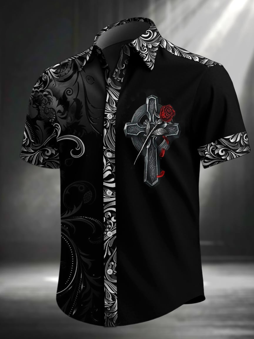 Camisa vintage Skull floral estampado solapa de manga corta para hombre